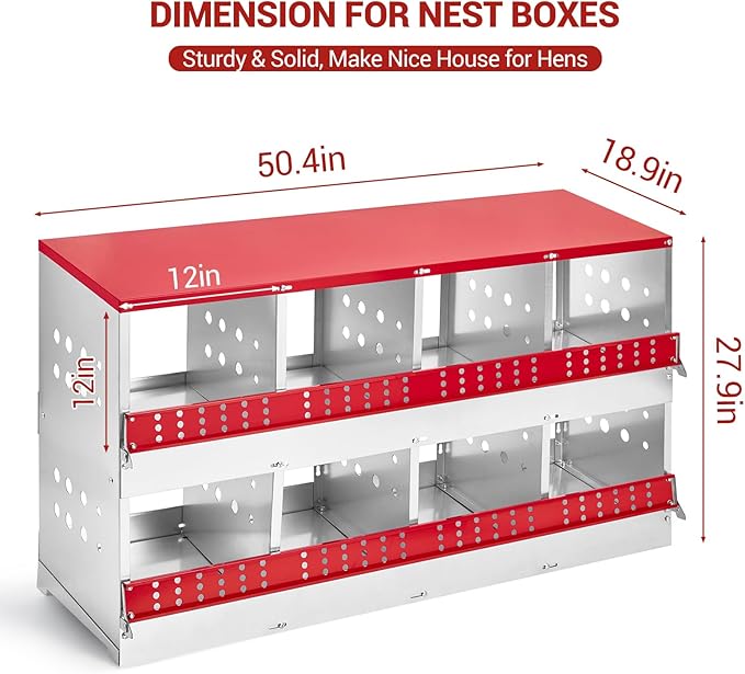 Metal Chicken Nesting Boxes - 8 Hole Wall-Mountable Laying Boxes with Roll-Away Egg Collection, Weatherproof Galvanized Steel, for Chicken Coop, Red