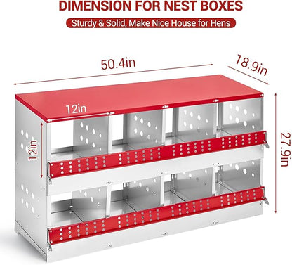 Heavy Duty Metal Chicken Nesting Box – 8 Compartments, Rollaway Egg Tray, Swing Perch, Easy Collection, Cleaning, Wall Mount, for Hens & Ducks, Without Cover-Red, 128×48×71cm