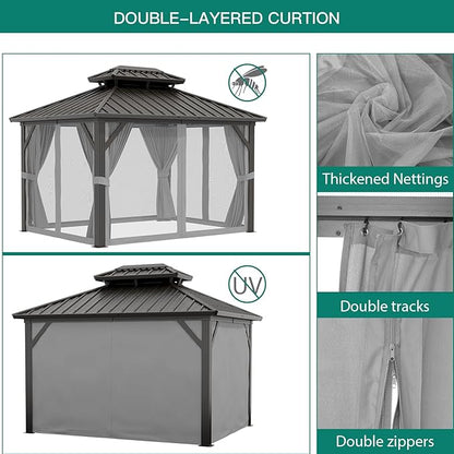 12'x10' Hardtop Gazebo, Heavy Duty Aluminum Permanent Hardtop Gazebo Outdoor Pavilion with Curtains and Netting for Garden (Gray, 12'x10')