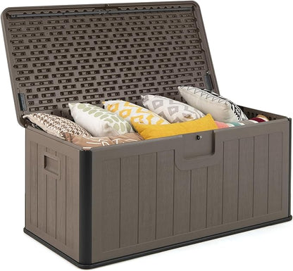 Tangkula 100 Gallon Outdoor Storage Box, Resin Outdoor Storage Bench with Lockable Lid, Waterproof Deck Box for Garden Tools, Pool Accessories, Cushions
