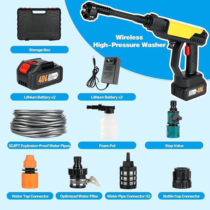 Cordless Pressure Washer, 990 PSI Portable Battery Power Washer with 6-in-1 Nozzle, 3.0Ah Battery, Electric Car Pressure Washer Handheld for Car Floor Fence Wall Cleaning