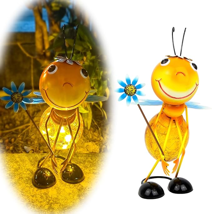 Solar Garden Statue Bee Decor,Outdoor Decorative Tabletop Lanterns,Outdoor Bee Figurines Decorations for Patio Yard Lawn Ornaments,Birthday Gifts for Mom Women Grandma