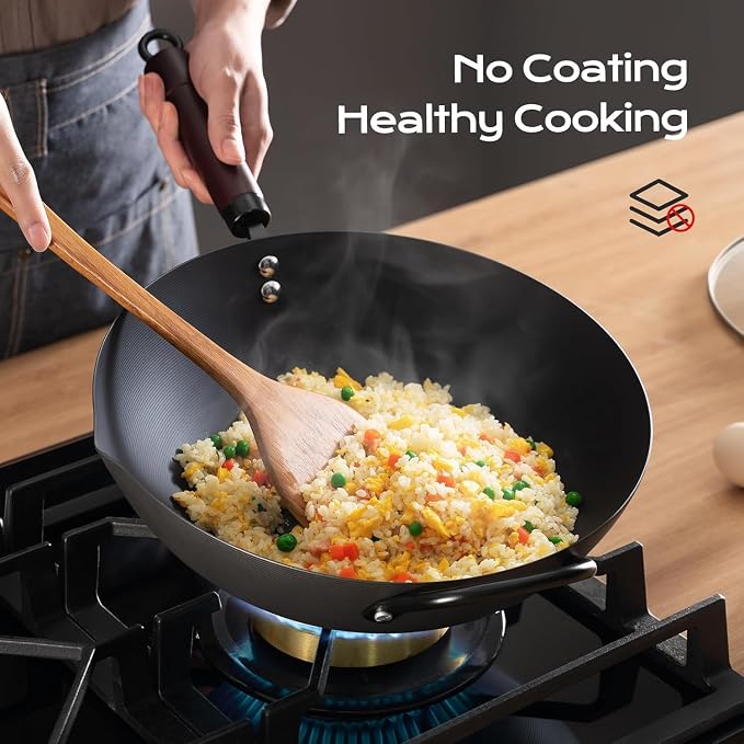 FGJ Wok, 13 Inch carbon steel wok pan with steamer & stir-fry pans nonstick, Pre-Seasoned 5.8QT Flat Bottom Chinese Woks Roasting Pan with lid, Carbon Steel Cookware, Compatible with All Cooktops