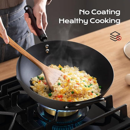 FGJ Wok, 13 Inch carbon steel wok pan with steamer & stir-fry pans nonstick, Pre-Seasoned 5.8QT Flat Bottom Chinese Woks Roasting Pan with lid, Carbon Steel Cookware, Compatible with All Cooktops