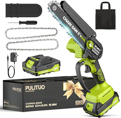 Mini Chainsaw Cordless, 6 Inch Electric Chain Saw Small Chainsaw Battery Powered, Yard Tools Garden Gifts for Men Dad Husband, Hand Saw for Branches Wood Cutting Pruning (Green)