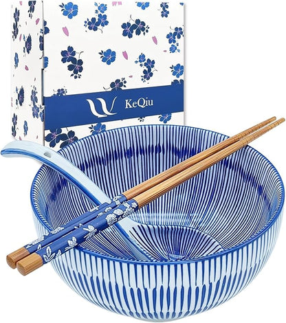 28Oz Ceramic Ramen Noodle Pho Bowl Set with Chopstick&Spoon&Gift box | Lead & Cd Free, Food Safe, Microwave/Oven/Dishwasher Safe, Matching pattern set, foam packed, ideal all-occasion gift