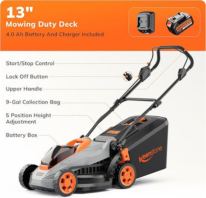 Electric Lawn Mower, 20V 13" Cordless Lawn Mower for Small Yard, Push Mower with 5 Height Adjustments, 2-in-1 Mulching/Bagging for Graden, 4.0Ah Battery and Charger Included(25min Runtime)