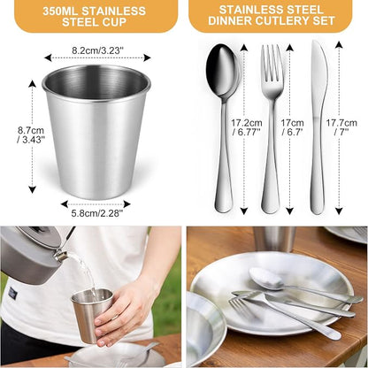 Odoland Stainless Steel Camping Mess Kit for Family & Person | Cooking Tableware Utensils with Plates Bowls Forks Spoons Knives & Savings Bag for Camping, Backpacking, Hiking, Picnic