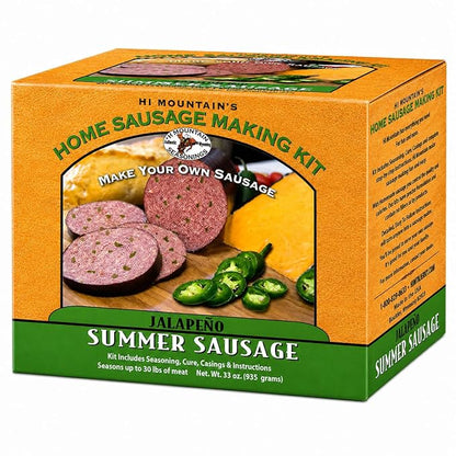 Hi Mountain JALAPENO Summer Sausage Kit | Complete sausage seasoning kit. Includes: Seasoning, cure & 10 casings. Beef, pork, venison, deer, elk. Makes up to 30 lbs