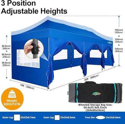 COBIZI 10x30 Pop up Canopy Tent 10x30 Canopy with 8 Sidewalls Waterproof Heavy Duty Commercial for Parties Outdoor Garden Gazebo Tent, Carry Bag with Wheel(10x30ft,Blue)