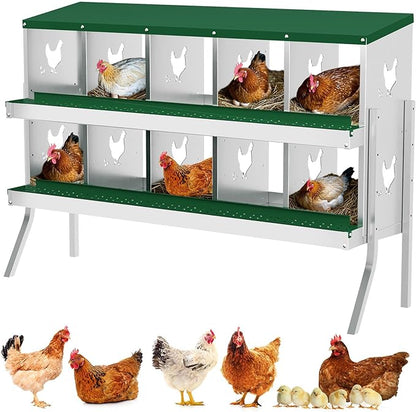 Chicken Nesting Box, Green 10 Hole Egg Laying Box with Bracket, Suitable for Chickens & Ducks, Large Holes for Ventilation, Convenient for Picking up Eggs, Fully Galvanized