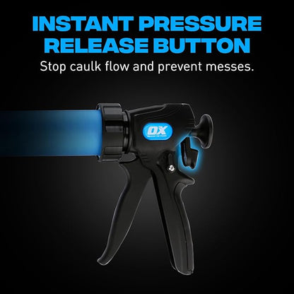 OX Professional Sausage Caulking Gun 20-Ounce Manual Sausage Gun - Dual Thrust 12:1 & 24:1 Ratio for Adhesive & Sealant - Pistola De Caulking