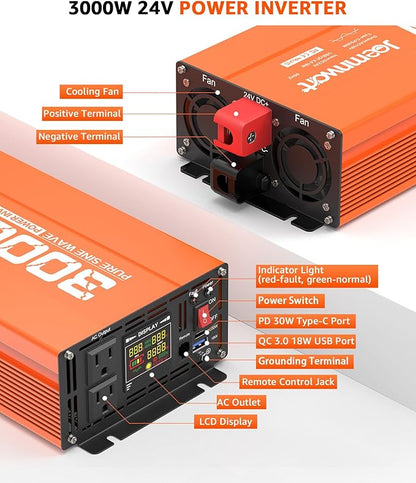 3000W Pure Sine Wave Power Inverter 12V DC to 110V AC Converter, LED Display,Remote Control, Car Inverter with 2AC Outlets,Fast Charging USB Port for RV,Truck,Home