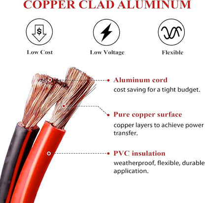2 Gauge Battery Power Cable (25 Feet Black, 25 Feet Red) - 2 AWG Copper Clad Welding Wire with M8 & M10 SC Connector Lugs for Car, Camper, RV, Solar Low Voltage Wiring