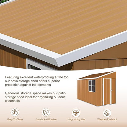 8x4 FT Outdoor Storage Shed, Metal Shed with Floor, Lockable Door, Sloping Roof, All-Weather Lean to Resin Shed for Garden, Backyard, Patio, Lawn (Khaki)