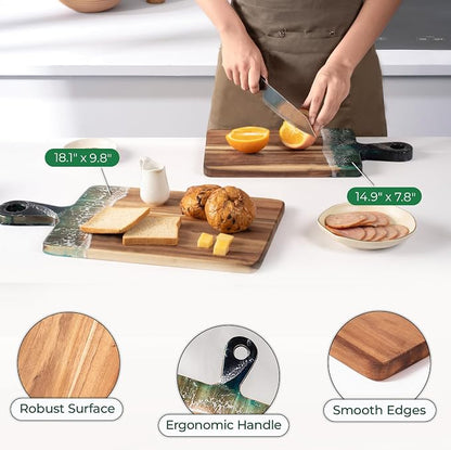 Acacia Wood Serving Board with Handle, 18.1" x 9.8", Dual-Sided Resin Art Tray for Display & Prep, Handcrafted Cutting Board, Includes Stand & Loofah, Christmas Housewarming Gift (Rectangular)