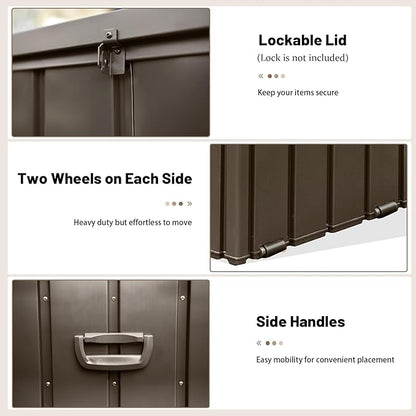 Outdoor Storage Box, 120 Gallon Metal Deck Box Waterproof, Outside Steel Storage Lockable Cabinet, Indoor Storage Bin Container for Patio/Poolside/Backyard Cushions, Pillow- Brown