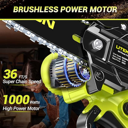 Mini Chainsaw High Power with 1000W Motor, 36 FT/S Cordless Power Chainsaw with Auto-Oil System, 2025 Upgraded 6Inch 20V Electric Chain Saw with 2x2000mAh Battery & Quick Charger, 3 Chains