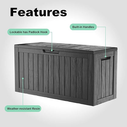 ROJIK Outdoor Storage Housing Deck Box - Waterproof Patio Furniture, Garden Tools, Cushions, Pool Accessories Storage Bench with Lockable Lid and Side Handles (Black 88 Gal)