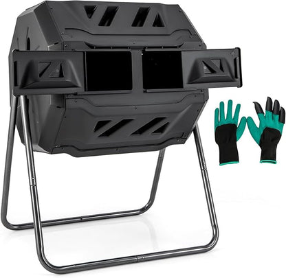 S AFSTAR Composter Tumbler Outdoor, 42-Gal Dual Chamber Tumbling Composter with 2 Sliding Doors, Metal Frame, BPA-Free Large Rotating Compost Bin Tumbler for Garden Yard Waste (Black)