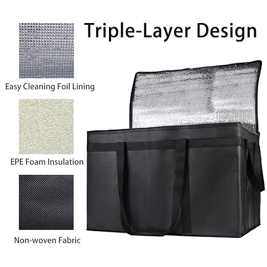 Bodaon 3-Pack Insulated Food Delivery Bag for Hot and Cold Meal, XXXL, Black, Grocery Tote Insulation Bag for Catering, Large Pizza Warmer