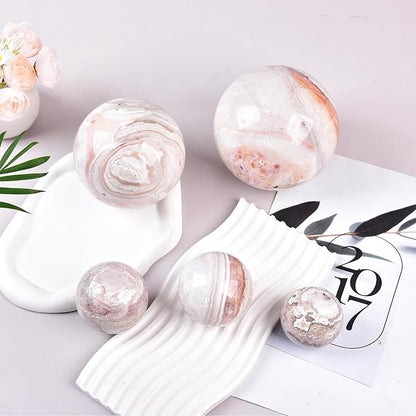 JIC Gem Large Pink Crystal Sphere with Stand Agate Crystal Ball Gemstone Decorative Ball for Home Decor Altar Reiki Healing Gift 80-90mm