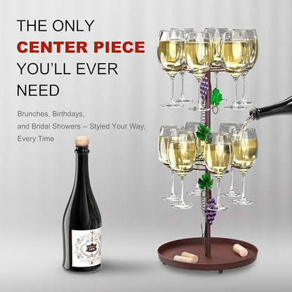 Metal Tabletop Wine Rack with Hanging 12 Glasses Hooks Countertop Holder | Champagne Bottle & Wine Glass Holder Stand, Tabletop Stemware Storage Rack for Kitchen, Dining Table,Bar Farmohuse Decor