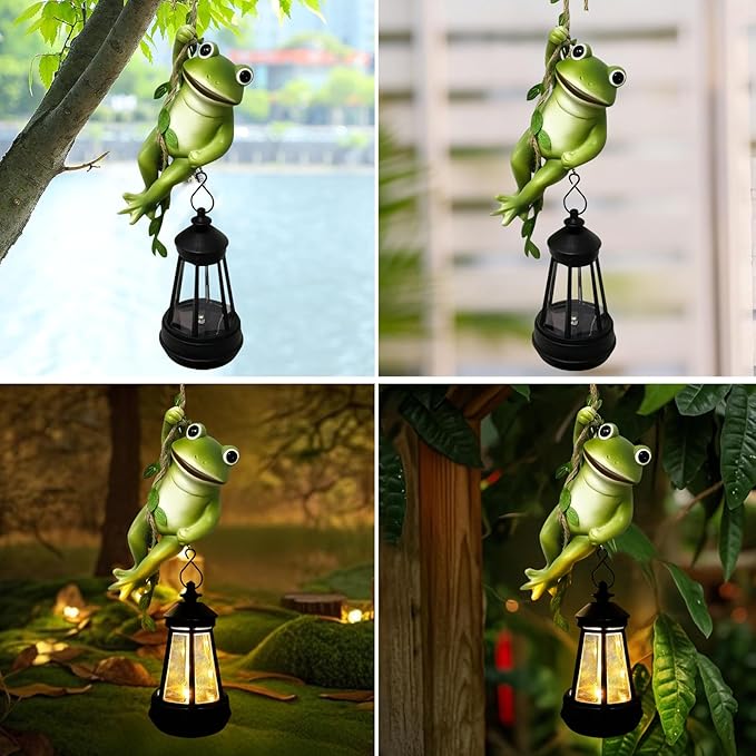 Solar Frogs Outdoor Garden Statues, Halloween Hanging Climbing Rope Frog on a Vine with Lantern Tree Hugger Figurine Lights for Outside Yard Art Sculptures Porch Balcony Wall Decor, Funny Gifts