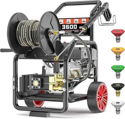 3600PSI Gas Pressure Washer with Hose Reel, 3.3 GPM, One-Button Electric Start 212cc 7HP Commercial Pressure Washer with 50FT 3/8" Hose, Spray Gun & Wand, 5 Quick Connect Nozzles