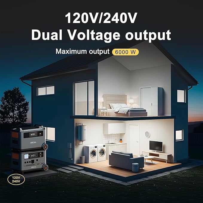 OSCAL PowerMax 6000 Solar Generator with 4x500W Solar Panel, 120V/240V Split Phase Voltage 6000W AC Outlets (7200W Peak), 2200W AC Charging/2400W PV Charging for Home, Emergency, Bank Battery Backup