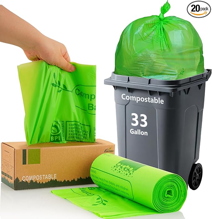 Compost Bags 33 Gallon 125 Liter Extra Thick 1.2 Mils Compostable Food Scrap Waste Bags with US BPI ASTM D6400 and Europe OK Compost Home Certified 20 Counts