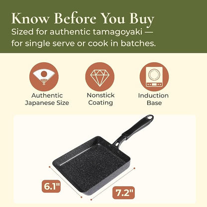 HAPPI STUDIO Tamagoyaki Pan - Nonstick Japanese Egg Pan, Square 7x6 Inch | Japanese Omelette Pan For Rolled Omelets - Nonstick Tamago & Square Frying Pan, Induction Ready, Heat-resistant Handle