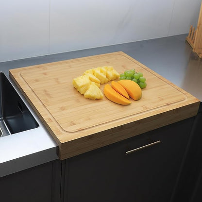 BAMOTTO CRAFTBAMBOO 21.7x18.9 in Oversized Bamboo Cutting Board Sink Cover | Non-Slip Detachable Lip | Reversible Juice Groove & Flat Side | Kitchen Noodle Board Stovetop Cover