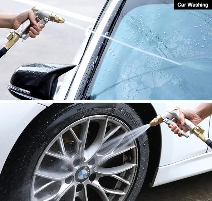 ESOW Heavy Duty Metal Garden Hose Nozzle, High Pressure Water Hose Nozzle with 4 Spray Patterns Rotating, Ideal for Outdoor Lawn & Garden Watering, Car & Pet Washing, Silver