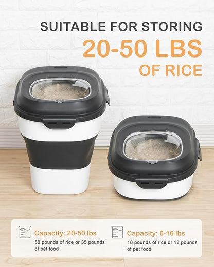 20-50 Lbs Food Storage Containers,Collapsible Rice Container with Wheel Airtight Locking Lid,Flour Storage Container with Small Food Container and Scoop,Suitable for Food,Rice,Pet Food,Flour