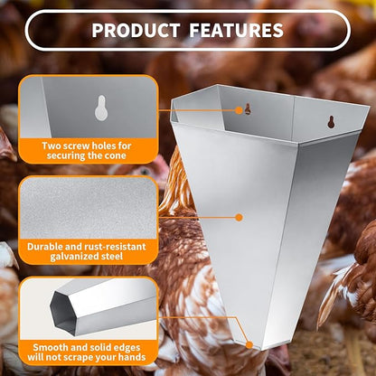 Large-Sized Galvanized Steel Chicken Restraining Cone for Poultry, Suitable for Large Layers, Broilers, Roasters, and Turkeys Up to 14 Pounds - Flat-Back Killing Cone, Easy to Clean