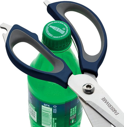 Farberware 4-in-1 Kitchen Scissors, Multi-Function Kitchen Shears with Jar Opener, Bottle Opener and Screwdriver, High-Carbon Stainless Steel Blades, Navy and Grey Ergonomic Handles with Sheath