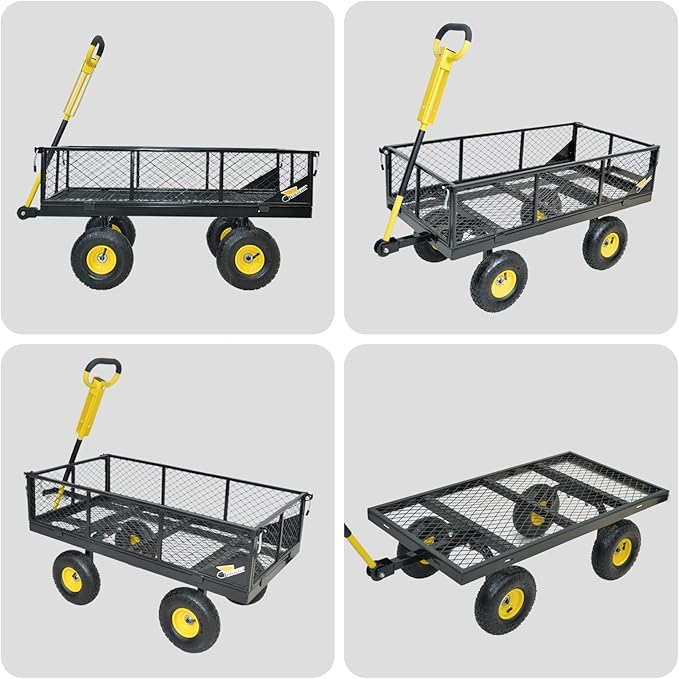 950 lbs Steel Garden Cart, Heavy Duty Yard Utility Wagon with 10" Pneumatic Tires, Removable Mesh Sides and 180° Rotating Anti-Slip 2-in-1 Convertible Handle
