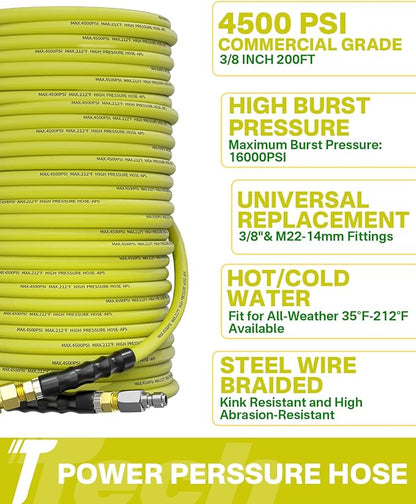 Pressure Washer Hose 200FT 3/8" for Cold and Hot Water 212°F, with Swivel Quick Connect, 4500PSI Kink Resistant Grade Steel Wire Braided, Power Washer Hose With 2pcs M22-14mm Adapter