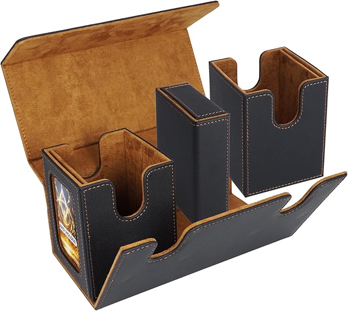 AFIING MTG Commander Deck Box 200 Double Sleeved Cards Storage, 3-in-1 Magnetic Card Case Organizer for Magic: The Gathering TCG CCG, 4 Dividers & 2 Toploaders (Black/Gold)