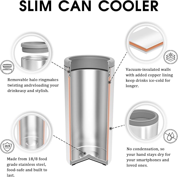 TILUCK Skinny Can Cooler, Stainless Steel Insulated Slim Cans, 12 oz | Beer & Hard Seltzer, Doucle-Walled Stainless Steel Insulated Slim Cans, Slim 12 oz(Lemon)