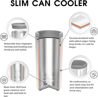 TILUCK Skinny Can Cooler, Stainless Steel Insulated Slim Cans, 12 oz | Beer & Hard Seltzer, Doucle-Walled Stainless Steel Insulated Slim Cans, Slim 12 oz(Lemon)