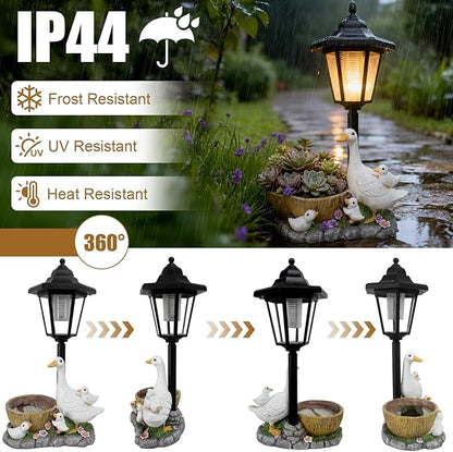 Garden Duck Statues with Solar Lantern Flowerpot Outdoor Decoration, Duck Figurines Yard Art Sculptures for Patio Lawn Backyard Porch Ornaments Unique Housewarming Birthday Gifts for Women Mom