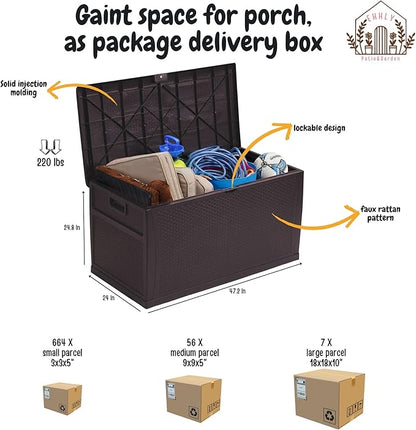 121 Gallon Outdoor Storage Box Large, Lockable Outside Storage Containers Waterproof Patio Cushions Storage Deck Boxes, Rattan Plastic Garden Hose Storage Boxes Resin Pool Storage Bins, Brown