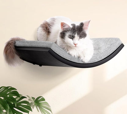 Curved Cat Wall Hammock Bed with Grey Foam Cushion – Floating Cat Wall Shelf Nest for Climbing, Sleeping & Lounging