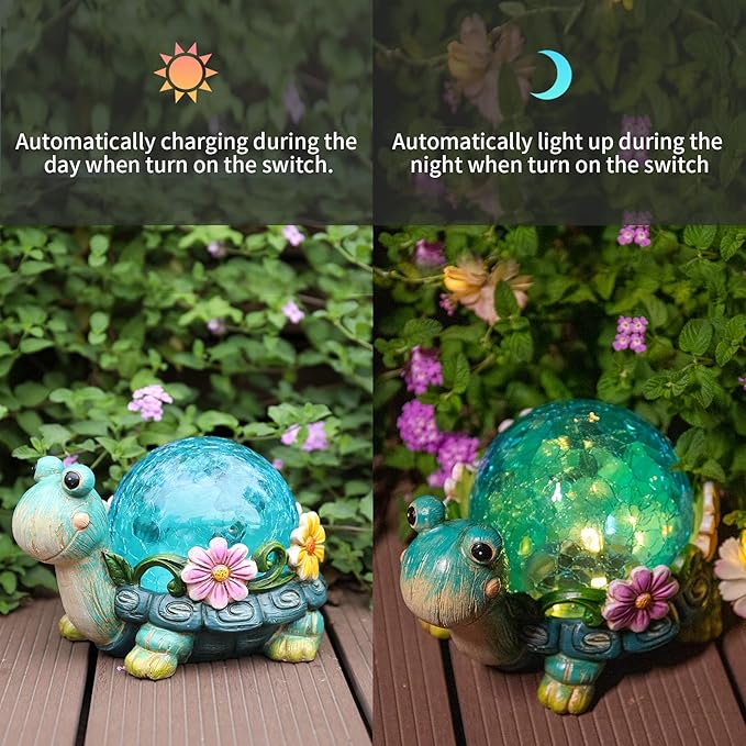 Afirst Garden Turtle Statue Outdoor Decor - Resin Outdoor Figurine Glass Solar Lights Indoor Outdoor Decorations Patio Lawn Yard Art Ornaments