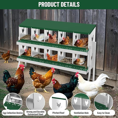 TrailBlaze 10 Compartment Chicken Nesting Box with Metal Legs, Chicken Egg Laying Boxes with Rollout Egg Collection, Large Vented Holes Chicken Coop for Chickens, Hens (Green)