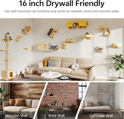 Cat Wall Furniture, 26 in 1 Cat Shelves w/Cat Tree, Tunnel, Beige | Wall Mounted Cats Furniture Set w/Plush Fabric, Cat Climbing Systems for 16 Inch Drywall, with Scratching Posts, Bridge, Moon