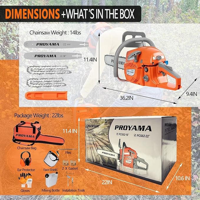PROYAMA 62CC 2-Cycle Gas Powered Chainsaw, 22 Inch 18 Inch Handheld Cordless Petrol Chain Saw for Tree Wood Cutting