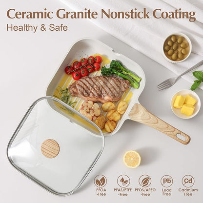 SENSARTE Nonstick Ceramic Grill Pan with Lid, Grill Pan for Stove Tops, Square Grilling Pan with Pour Spouts, Durable Grill Skillet for All Stoves, Steak Bacon Pan, Non Toxic PTFE,PFAS,PFOA Free